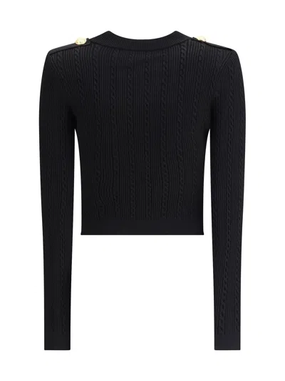 Balmain Structured Shoulder Black V-neck Cardigan With Decorative Buttons In Black