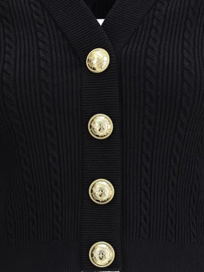 Balmain Structured Shoulder Black V-neck Cardigan With Decorative Buttons In Black