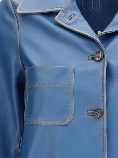 Chloé Cowhide Leather Coat With Patch Pockets In Blue