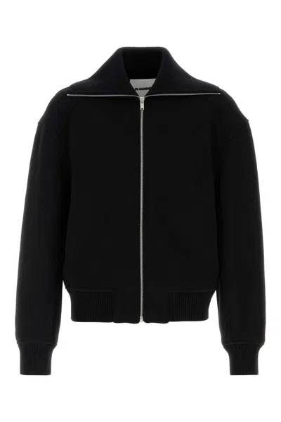 Jil Sander Black Wool Sweather With Zip Up Element In Black