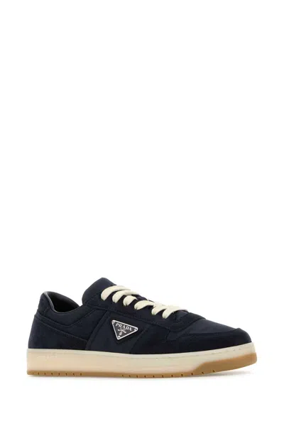 Prada Navy Blue Canvas And Suede Downtown Sneakers In Blue