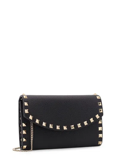 Valentino Garavani Rockstud Leather Wallet On Chain In Black