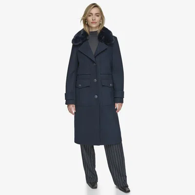 Andrew Marc Women's Olpae Faux Fur Collar Wool Blend Trench Coat In Blue
