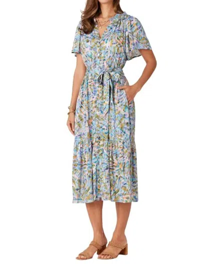 Democracy Short Bell Sleeve Printed Woven Dress In Blue Floral