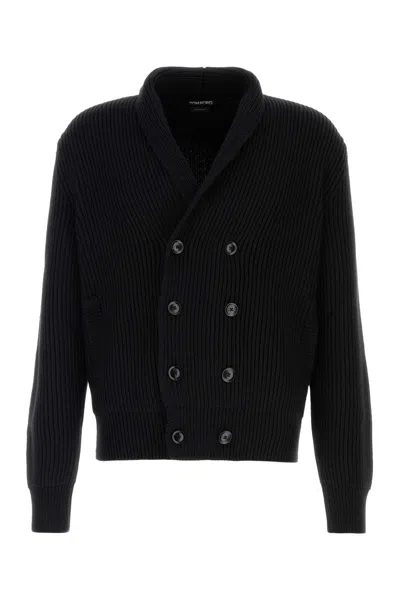Tom Ford Shawl Collar Double-breasted Front Pockets Ribbed Texture In Black