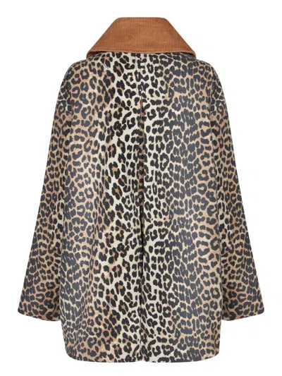 Ganni Leopard Printed Canvas Midi Puffer Jackets Brown In Animal Print