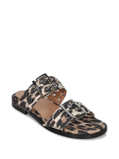 Ganni Leopard Buckle Slide Sandals In Animal Print