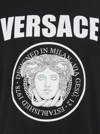 Versace Black Crewneck T-shirt With Maxi Logo Print On The Front