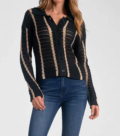 Elan Crochet Button Down Sweater In Black