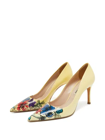 Pre-owned Miu Miu Floral-print Pumps In Yellow