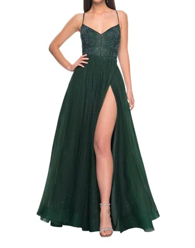La Femme A-line Rhinestone Leaf & Floral Prom Dress In Dark Emerald In Green