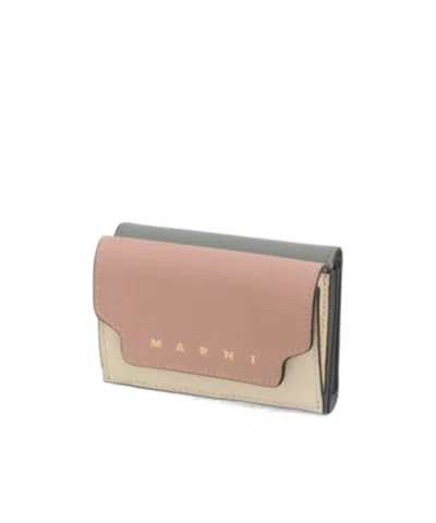 Marni Light Pink, White, And Grey Saffiano Leather Tri-fold Wallet