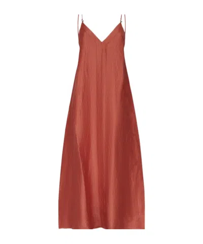 Ottod'ame Long Dress In Satin Linen In Brown