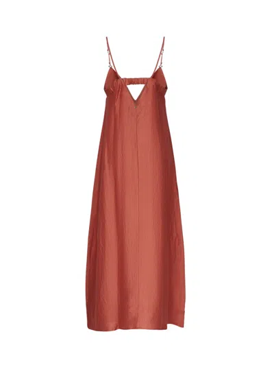 Ottod'ame Long Dress In Satin Linen In Brown