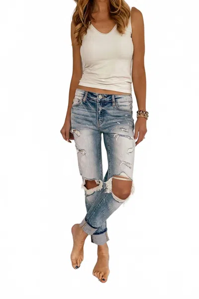 Kancan Knee Ripped Boyfriend Jeans In Blue In Blue