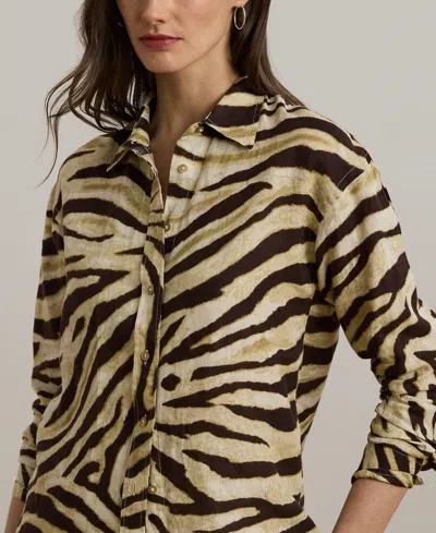 Ralph Lauren Womens Relaxed Fit Zebra Print Linen Shirt P Xs 3x In Neutral