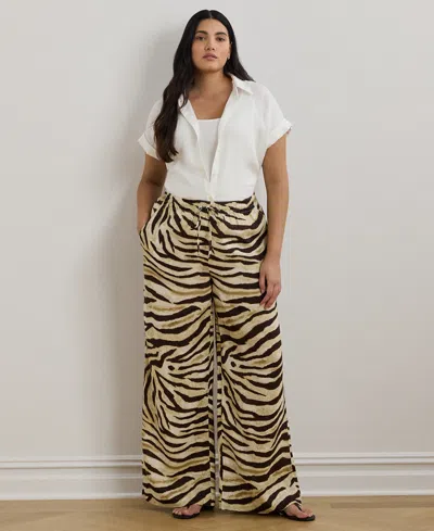 Ralph Lauren Plus Size Zebra-print Linen Wide-leg Pants