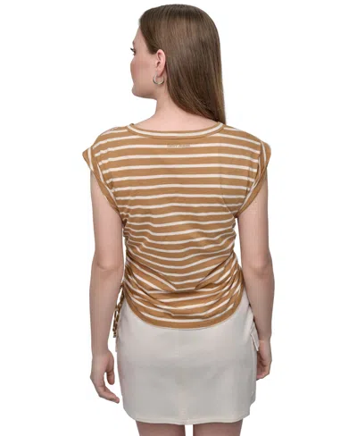 Dkny Jeans Petite Cotton Ruched Side-tie Sleeveless Tee In Brown