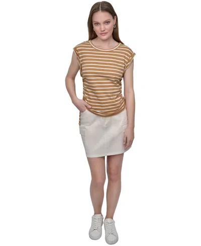 Dkny Jeans Petite Cotton Ruched Side-tie Sleeveless Tee In Brown