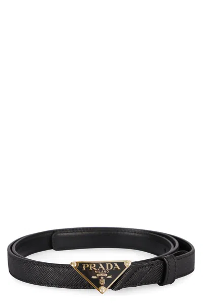 Prada Women's Saffiano Belt With Triangle Logo In Black