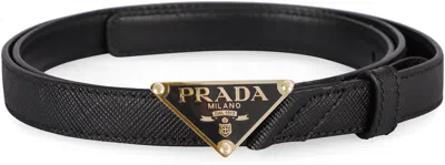 Prada Women's Saffiano Belt With Triangle Logo In Black
