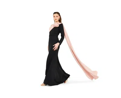 Amri Women's Single Shoulder Two Tone Gown With Floral Applique