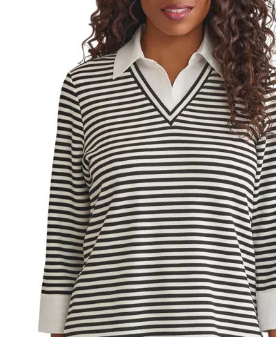 Jones New York Stripe Mixed Media Top In Black