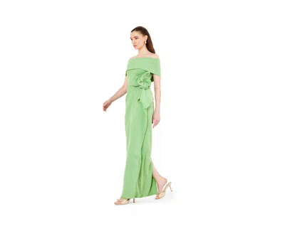 Amri Bardot Neckline Floral Applique Pleated Gown