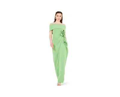 Amri Bardot Neckline Floral Applique Pleated Gown