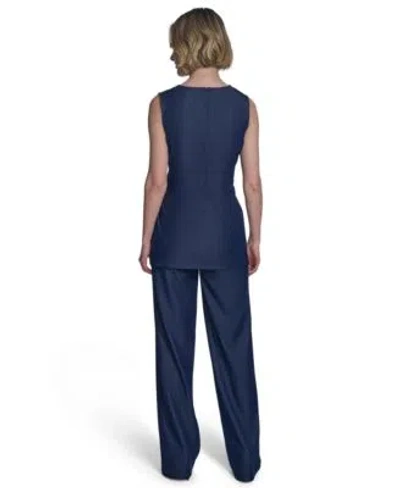 Halston Womens Denim Like Tie Waist Sleeveless Top Mid Rise Wide Leg Pants