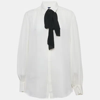 Pre-owned Polo Ralph Lauren Off-white Crepe Neck Tie-up Button Front Blouse Xl