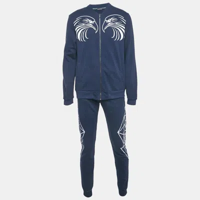 Pre-owned Roberto Cavalli Navy Blue Printed Cotton Knit Zip Front Jacket & Joggers Set L