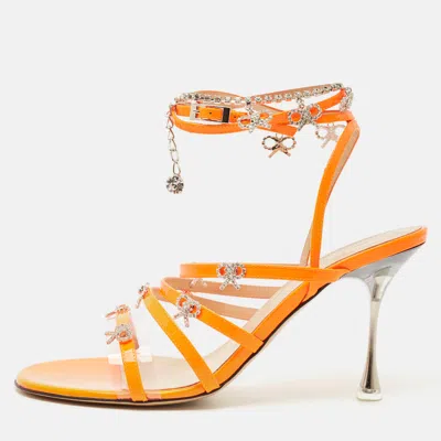Pre-owned Mach&mach Neon Orange Patent Leather Crystal Bow Camille Sandals Size 38.5