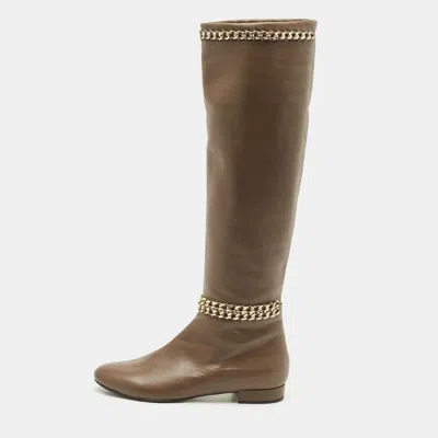 Pre-owned Le Silla Brown Leather Chain Detail Knee High Boots Size 37