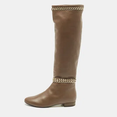 Pre-owned Le Silla Brown Leather Chain Detail Knee High Boots Size 37.5