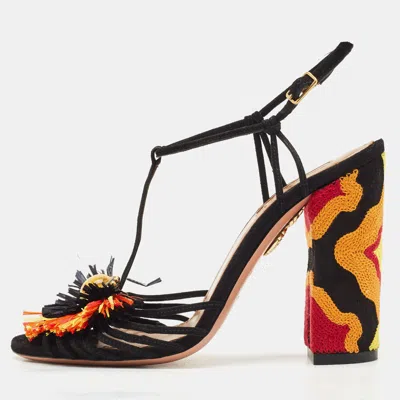 Pre-owned Aquazzura Multicolor Suede And Raffia Samba Ankle Strap Sandals Size 35
