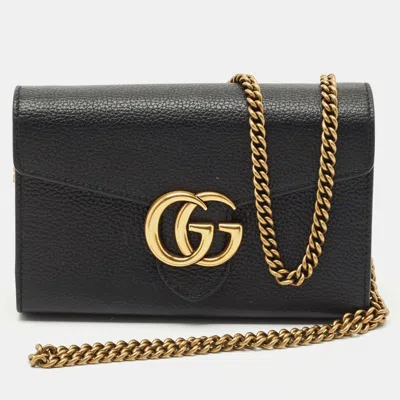 Pre-owned Gucci Black Leather Gg Marmont Wallet On Chain