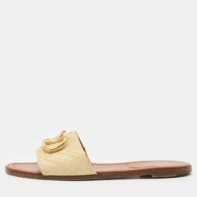 Pre-owned Valentino Garavani Beige Raffia Escape Vlogo Flat Slides Size 41