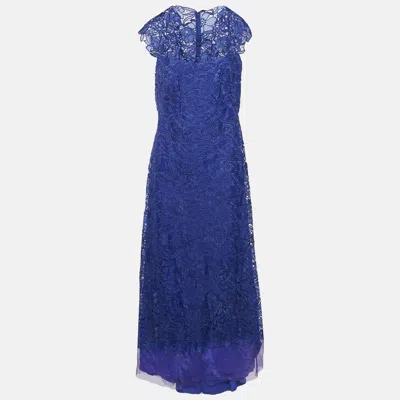Pre-owned Tadashi Shoji Blue Floral Lace Cap Sleeve Milien Gown L