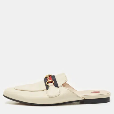 Pre-owned Gucci Cream Leather Princetown Horsebit Mule Sandals Size 38 In White