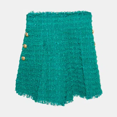 Pre-owned Balmain Green Tweed Button Detail High Rise Shorts S