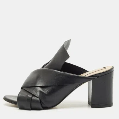 Pre-owned N°21 Black Leather Knot Block Heel Slide Sandals Size 37.5