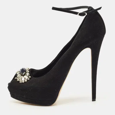 Pre-owned Giuseppe Zanotti Black Suede Crystal Embellished Ankle Strap Peep Toe Platform Pumps Size 39.5