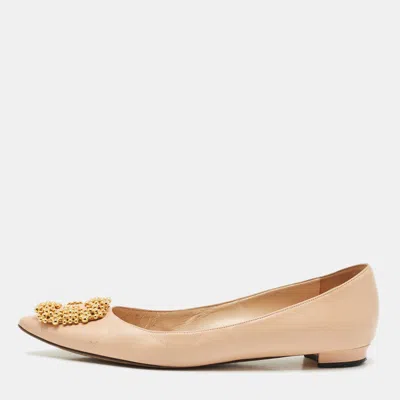 Pre-owned Manolo Blahnik Peach Leather Hangisi Ballet Flats Size 39.5