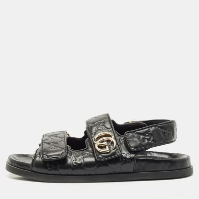 Pre-owned Gucci Black Leather Marmont Double G Flat Sandals Size 37.5