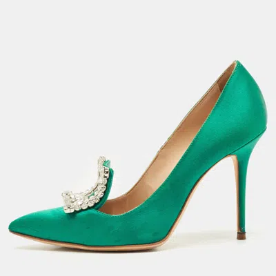 Pre-owned Manolo Blahnik Green Satin Borlak Crystal Embellished Pumps Size 34.5