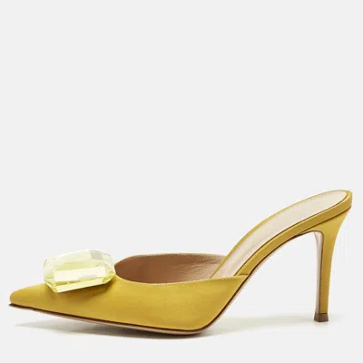 Pre-owned Gianvito Rossi Yellow Satin Crystal Embellished Jaipur Mules Size 37