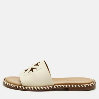 Pre-owned Off-white Cream Leather Twist Arrow Flat Slides Size 38 In White
