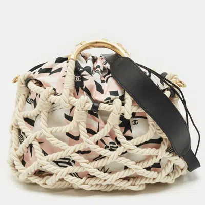 Pre-owned Chanel White/multicolor Printed Fabric And Rope Shopper Tote