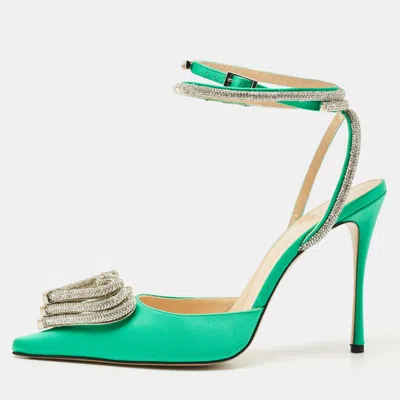 Pre-owned Mach&mach Green Satin Crystal Embellished Triple Heart Ankle Wrap Pumps Size 41